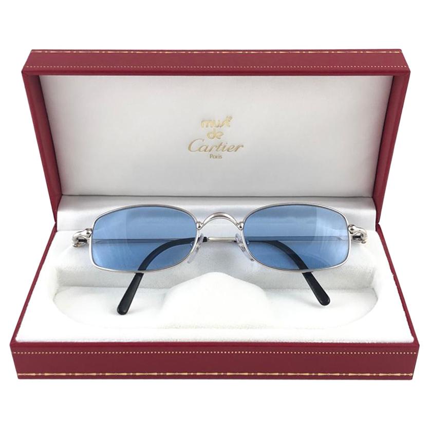 New Vintage Cartier Sasdir 51MM Platine Plated Blue Lens France 1990 Sunglasses