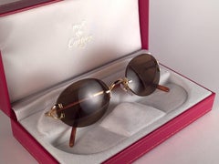 New Vintage Cartier Scala Gold Rimless Brown Lens Case France Sunglasses