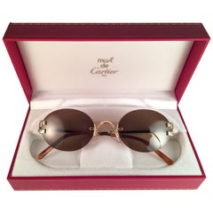 New Retro Cartier Scala Gold Rimless Brown Lens Case France Sunglasses
