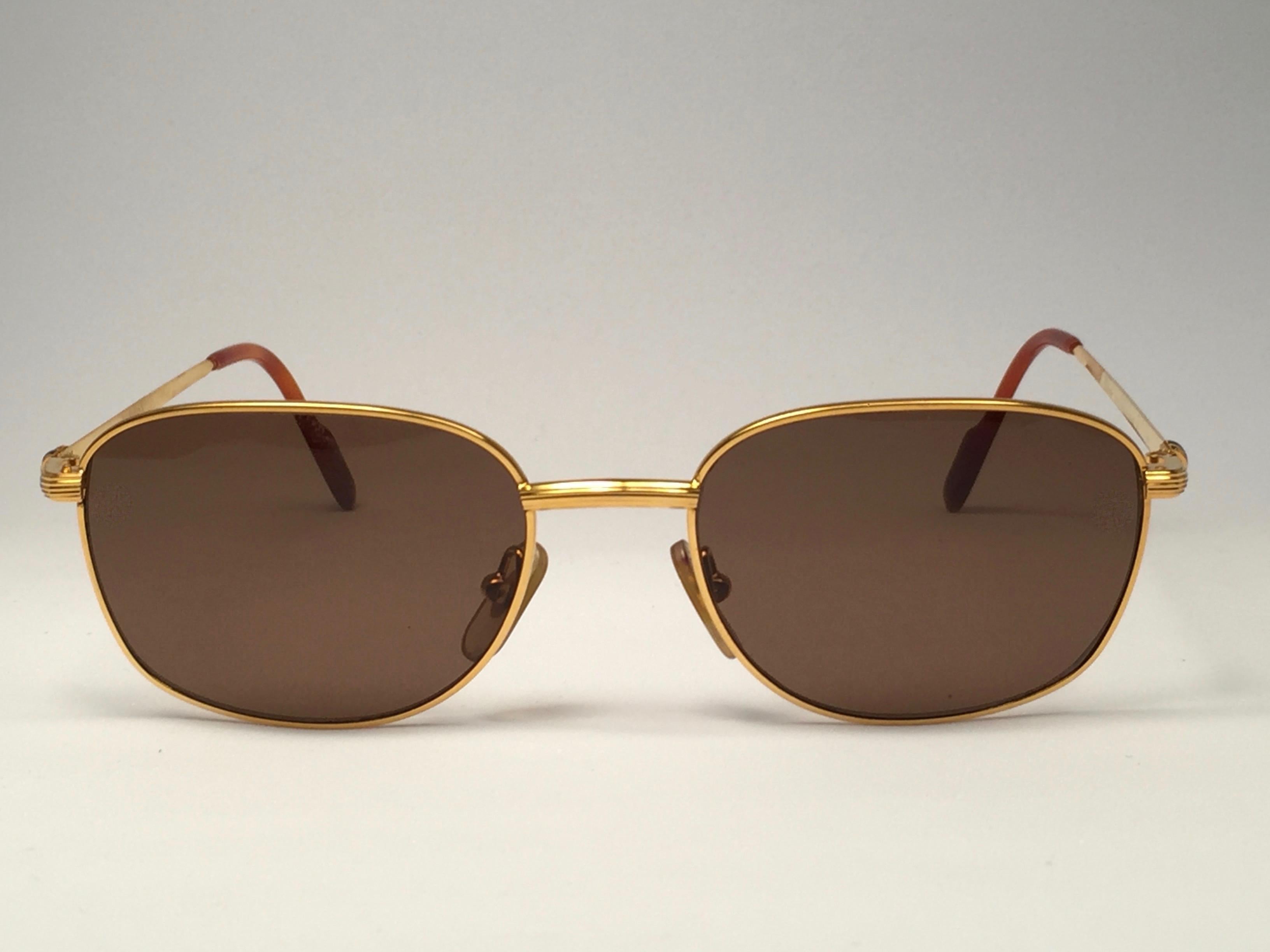 Beige New Vintage Cartier Segur 54MM Gold Plated Brown Lens France 1990 Sunglasses For Sale