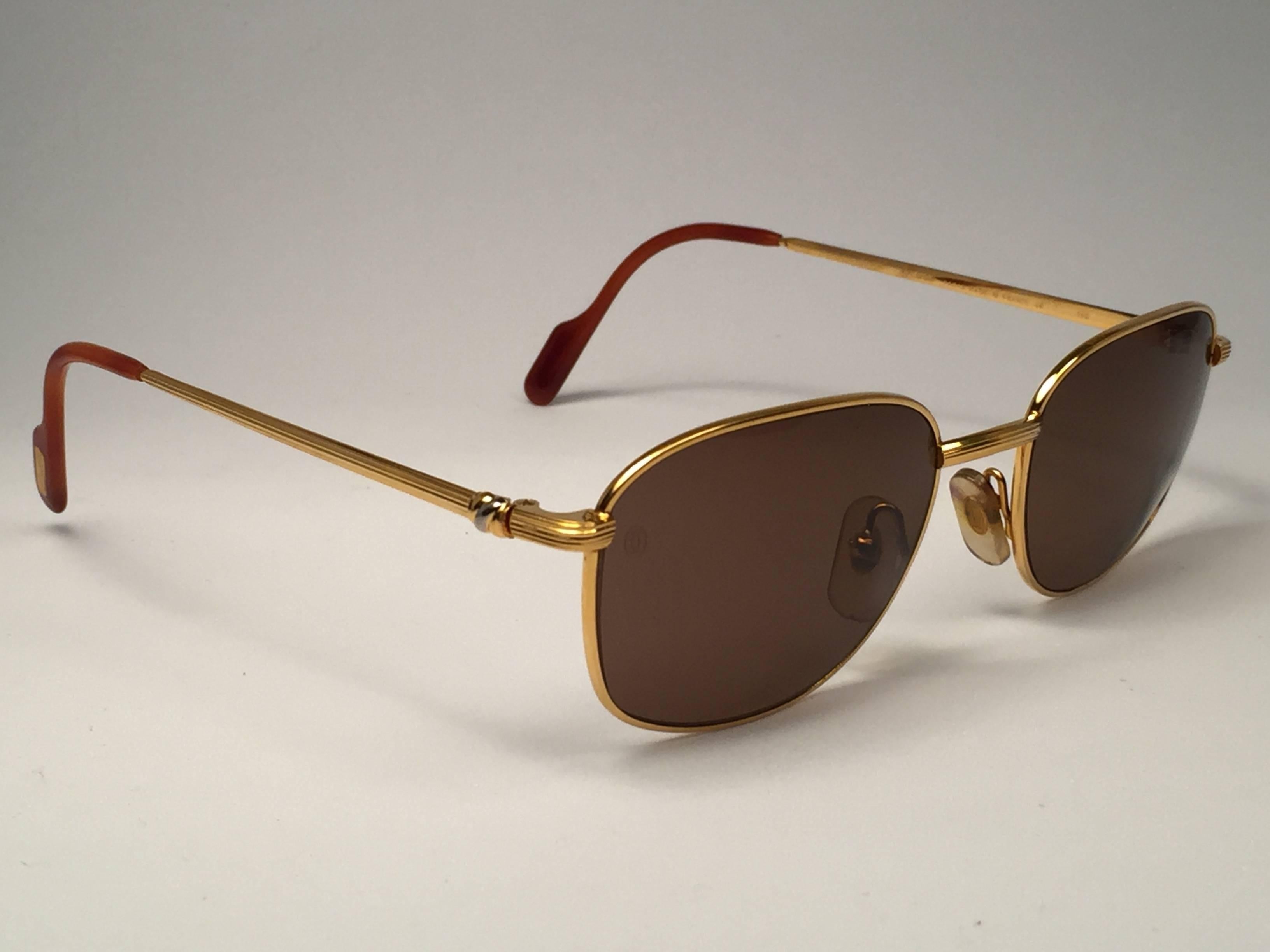 Beige New Vintage Cartier Segur 56MM Gold Plated Brown Lens France 1990 Sunglasses