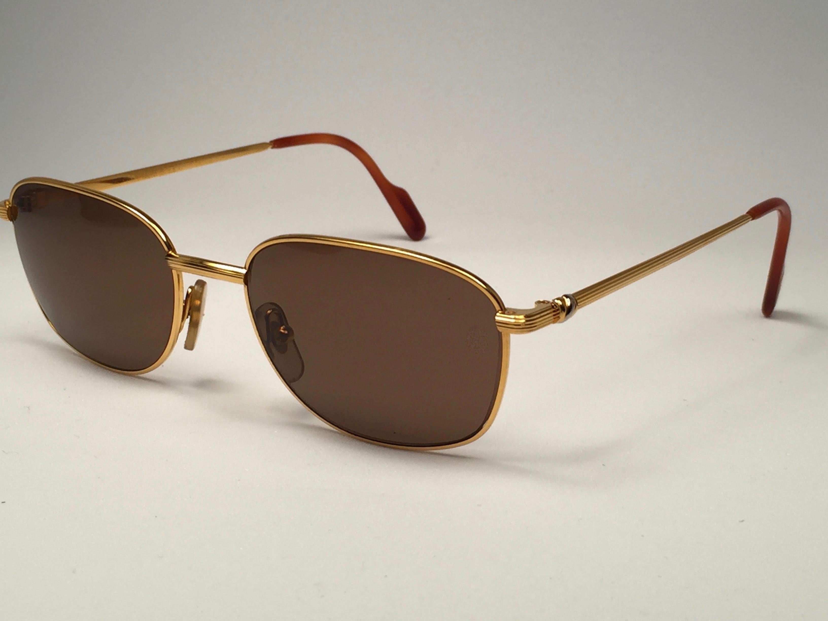 New Vintage Cartier Segur 54MM Gold Plated Brown Lens France 1990 Sunglasses For Sale 1
