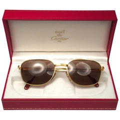 New Vintage Cartier Segur 56MM Gold Plated Brown Lens France 1990 Sunglasses