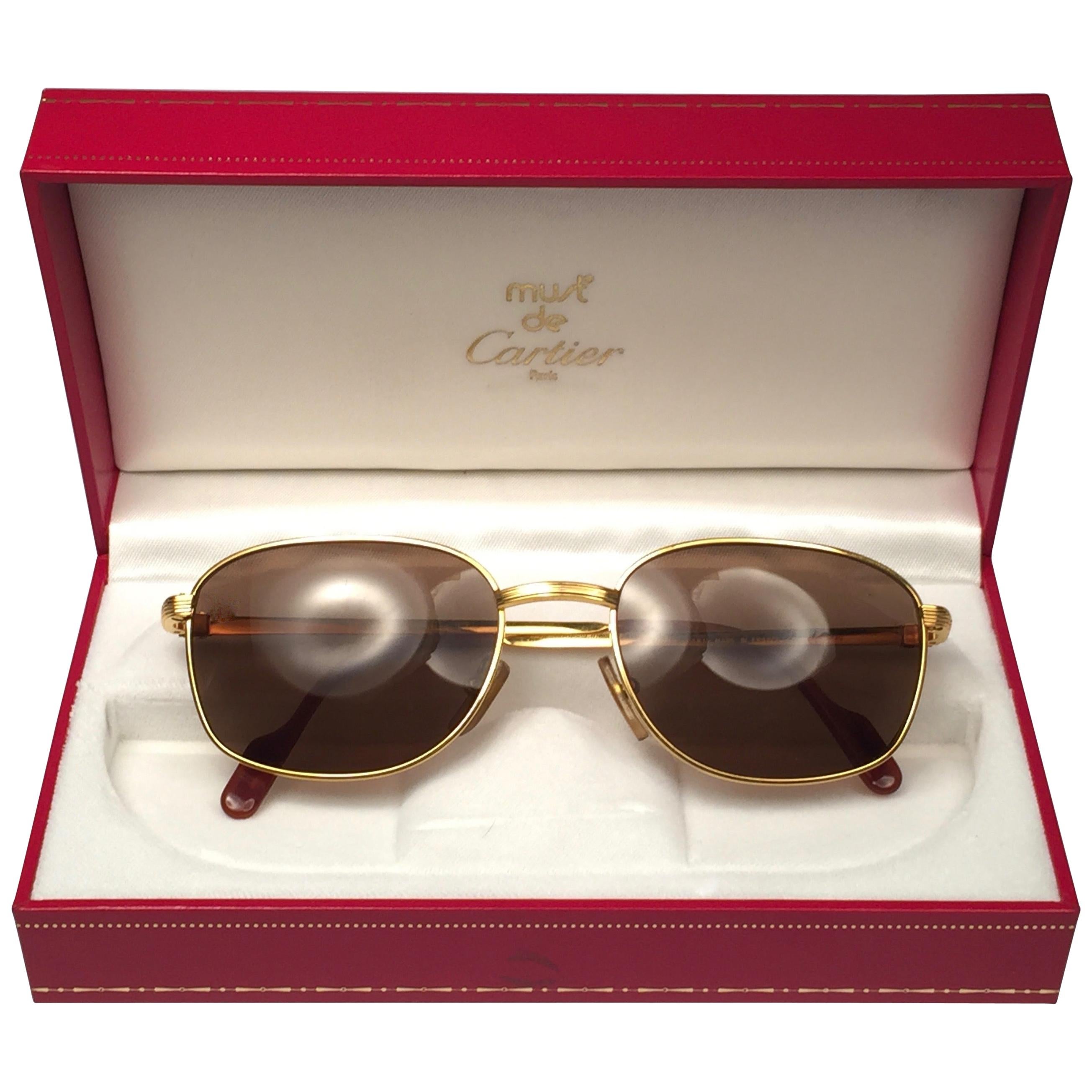 New Vintage Cartier Segur 54MM Gold Plated Brown Lens France 1990 Sunglasses