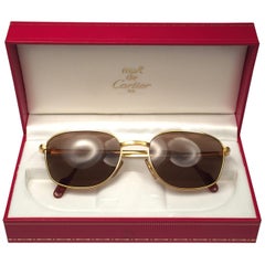 New Vintage Cartier Segur 54MM Gold Plated Brown Lens France 1990 Sunglasses