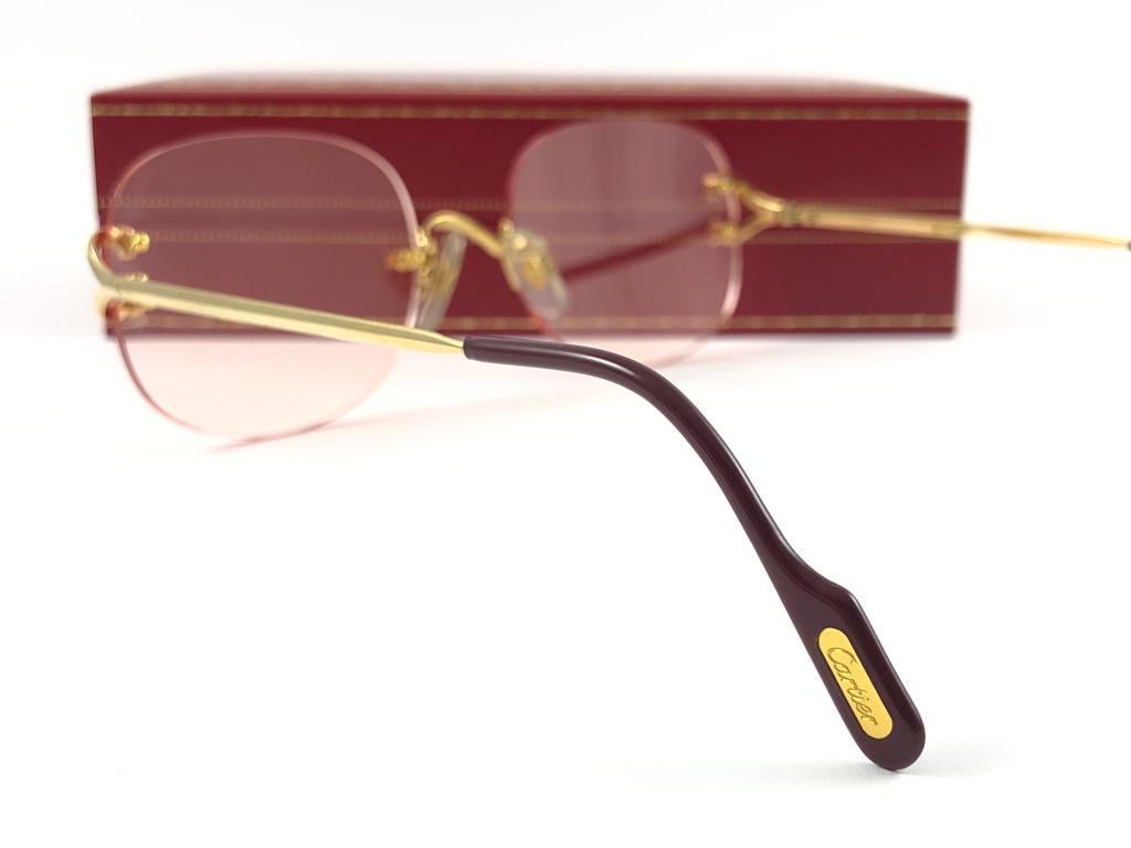 New Vintage Cartier Serrano Gold Plated Rimless Gradient Lens France Sunglasses For Sale 5