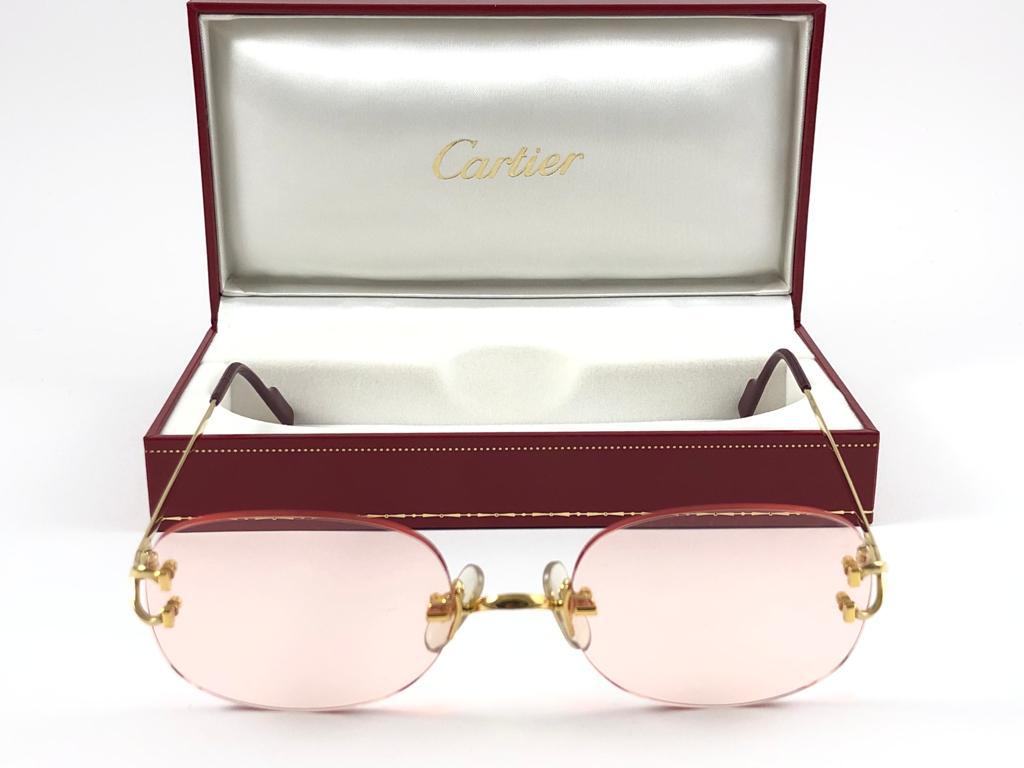 New Vintage Cartier Serrano Gold Plated Rimless Gradient Lens France Sunglasses For Sale 8