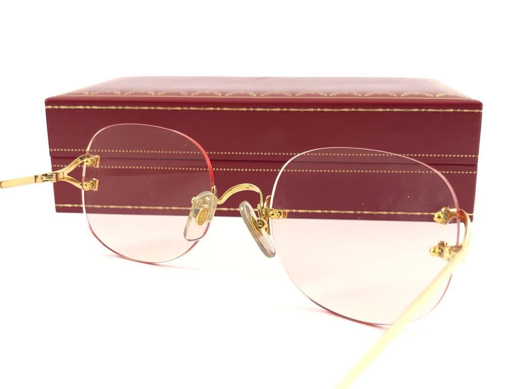 New Vintage Cartier Serrano Gold Plated Rimless Gradient Lens France Sunglasses For Sale 4