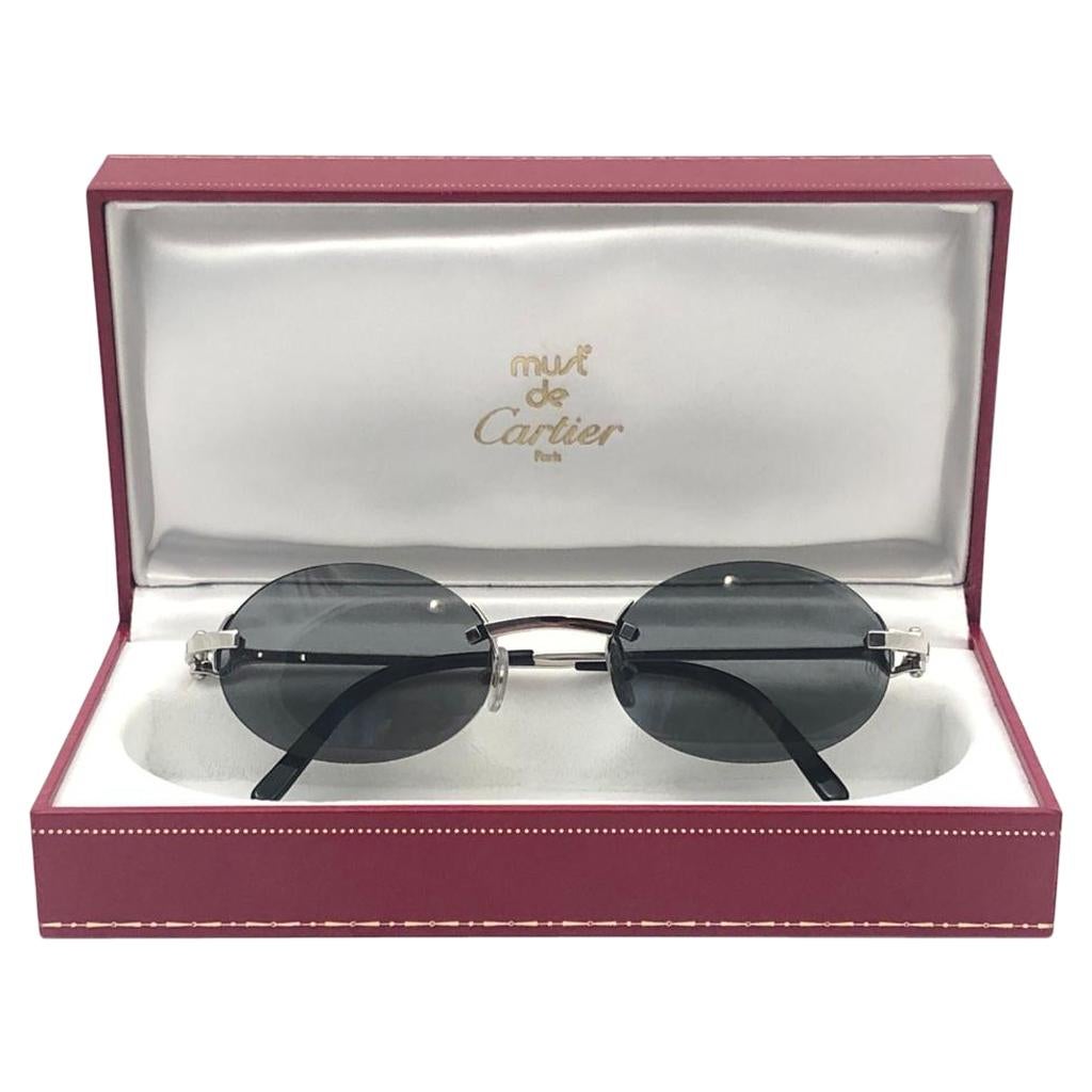 New Vintage Cartier Shamal Platine Rimless Grey Lens Case France Sunglasses