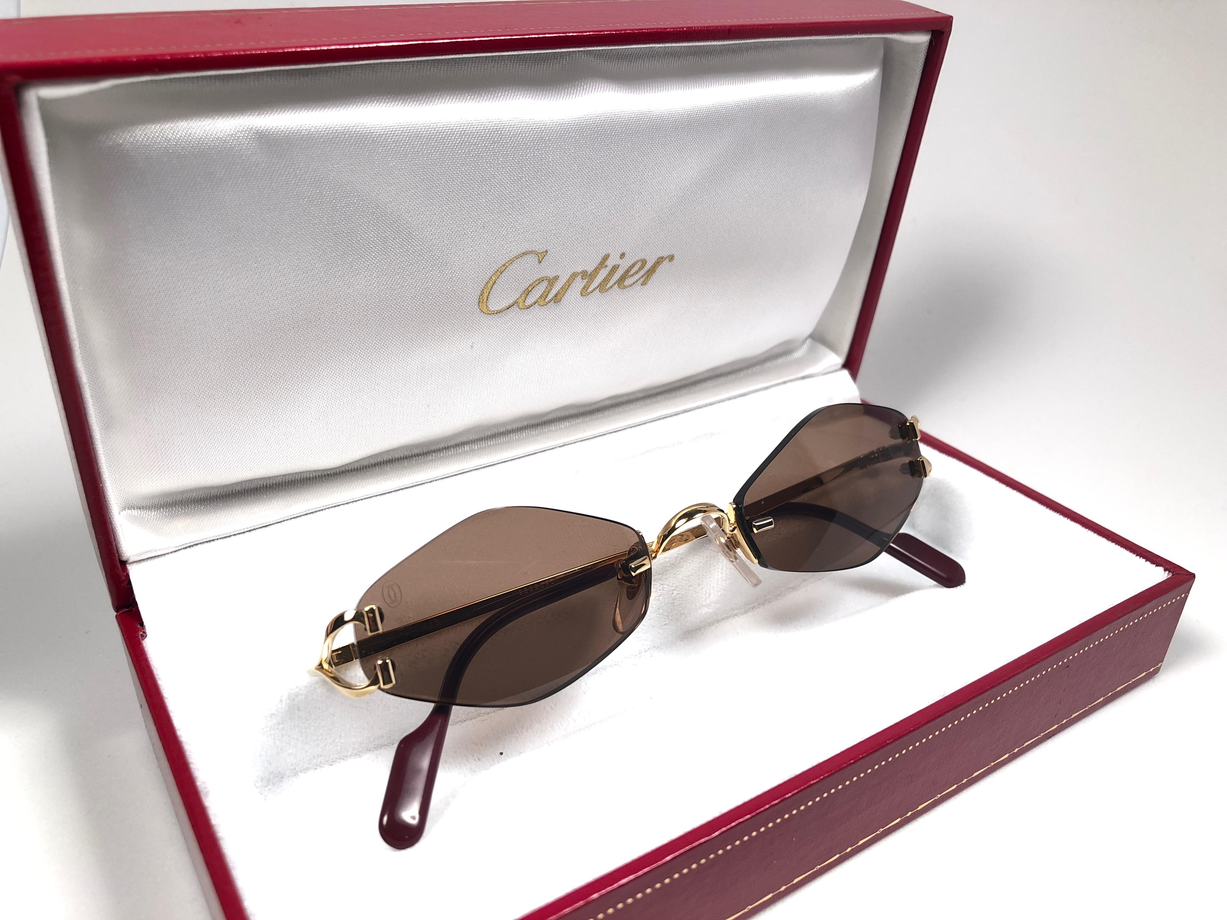 Gray New Vintage Cartier Soho Gold Rimless Brown Lens France Sunglasses