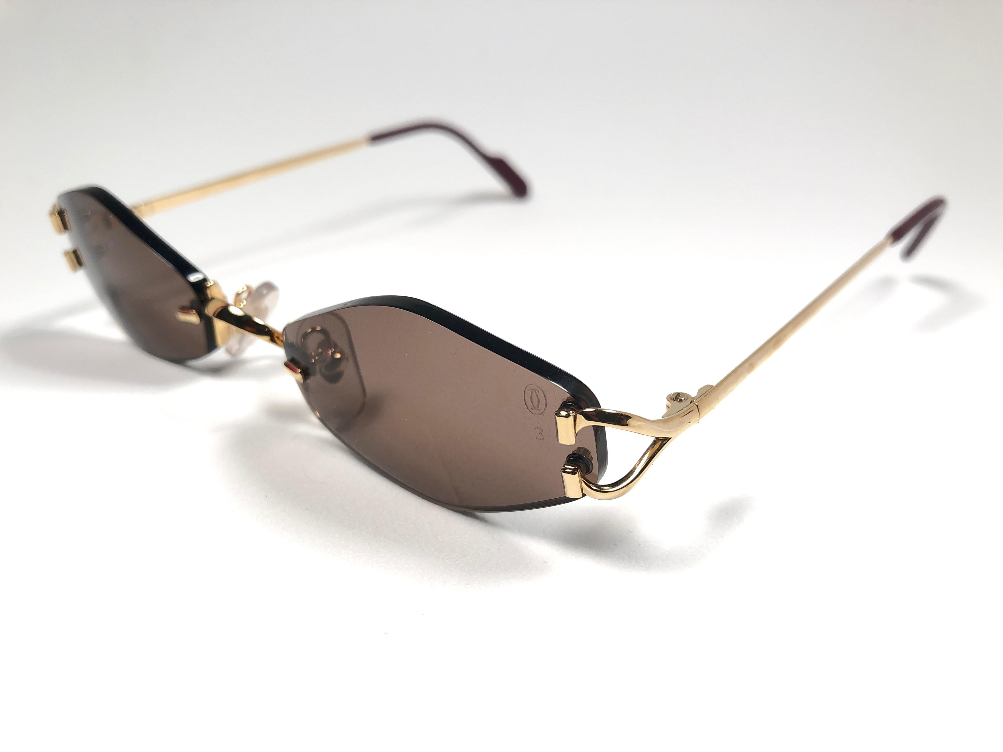 Women's or Men's New Vintage Cartier Soho Gold Rimless Brown Lens France Sunglasses