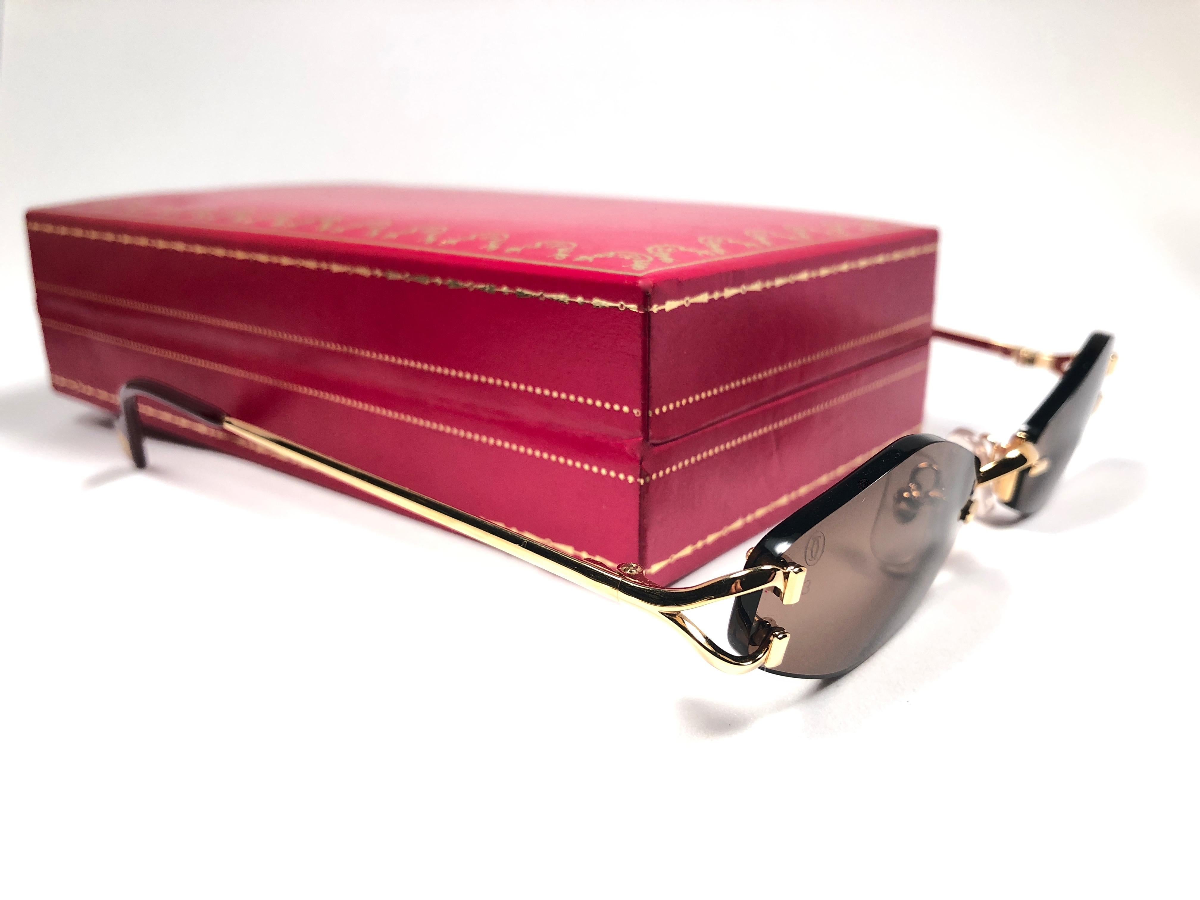 New Vintage Cartier Soho Gold Rimless Brown Lens France Sunglasses 1