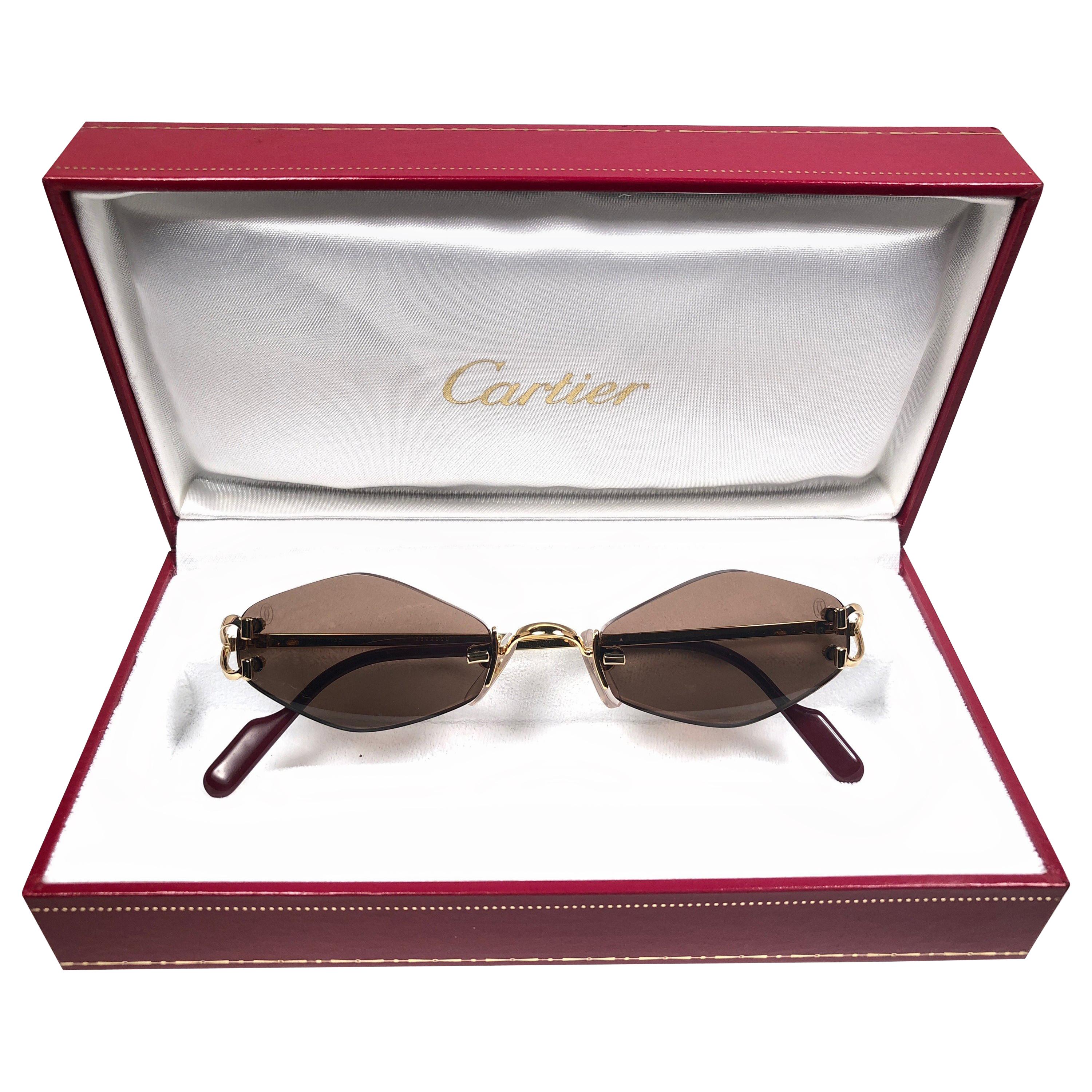 New Vintage Cartier Soho Gold Rimless Brown Lens France Sunglasses