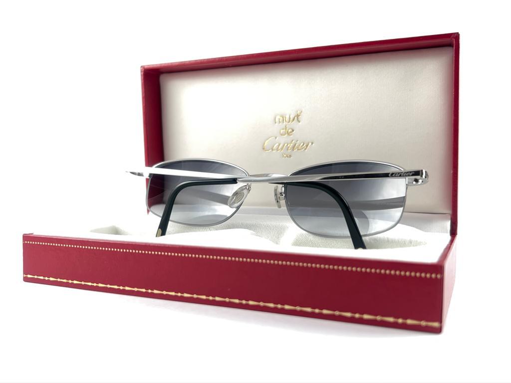 New Vintage Cartier Titanium 53MM Semi Rimless Grey Lens Case France Sunglasses For Sale 6