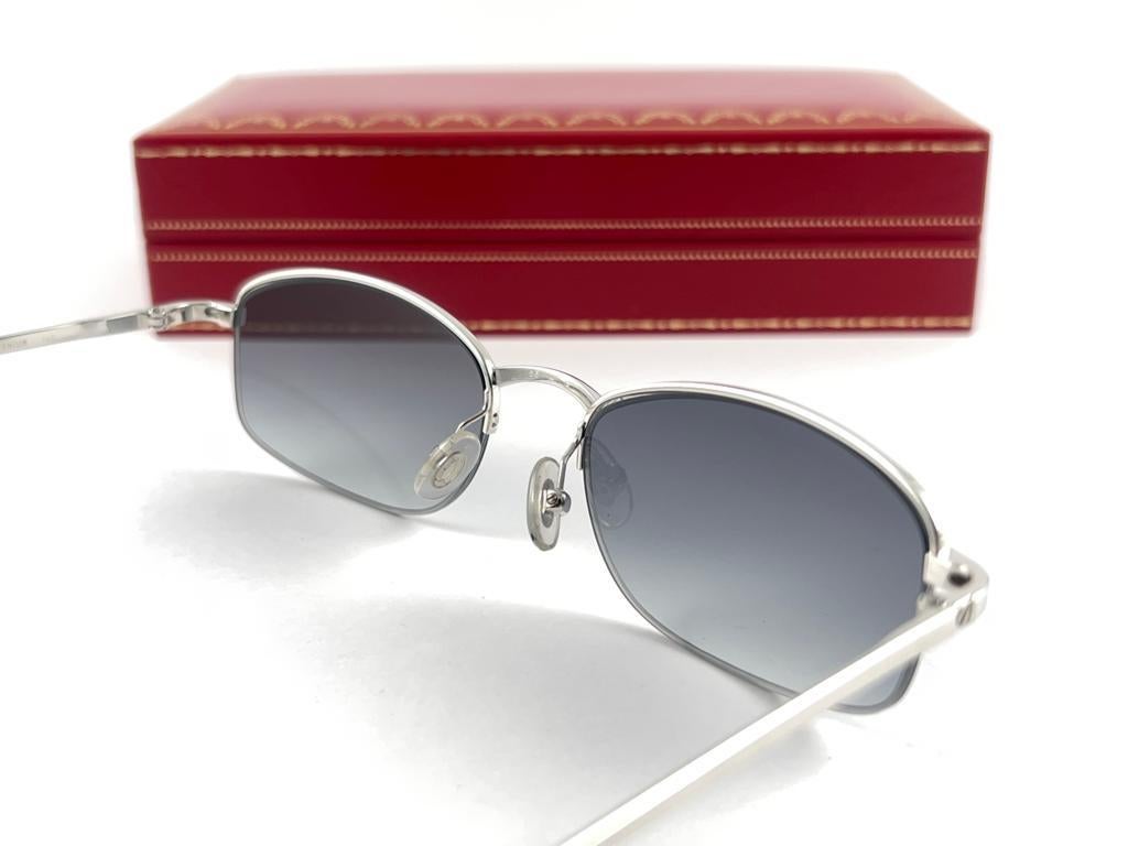 Women's or Men's New Vintage Cartier Titanium 53MM Semi Rimless Grey Lens Case France Sunglasses For Sale
