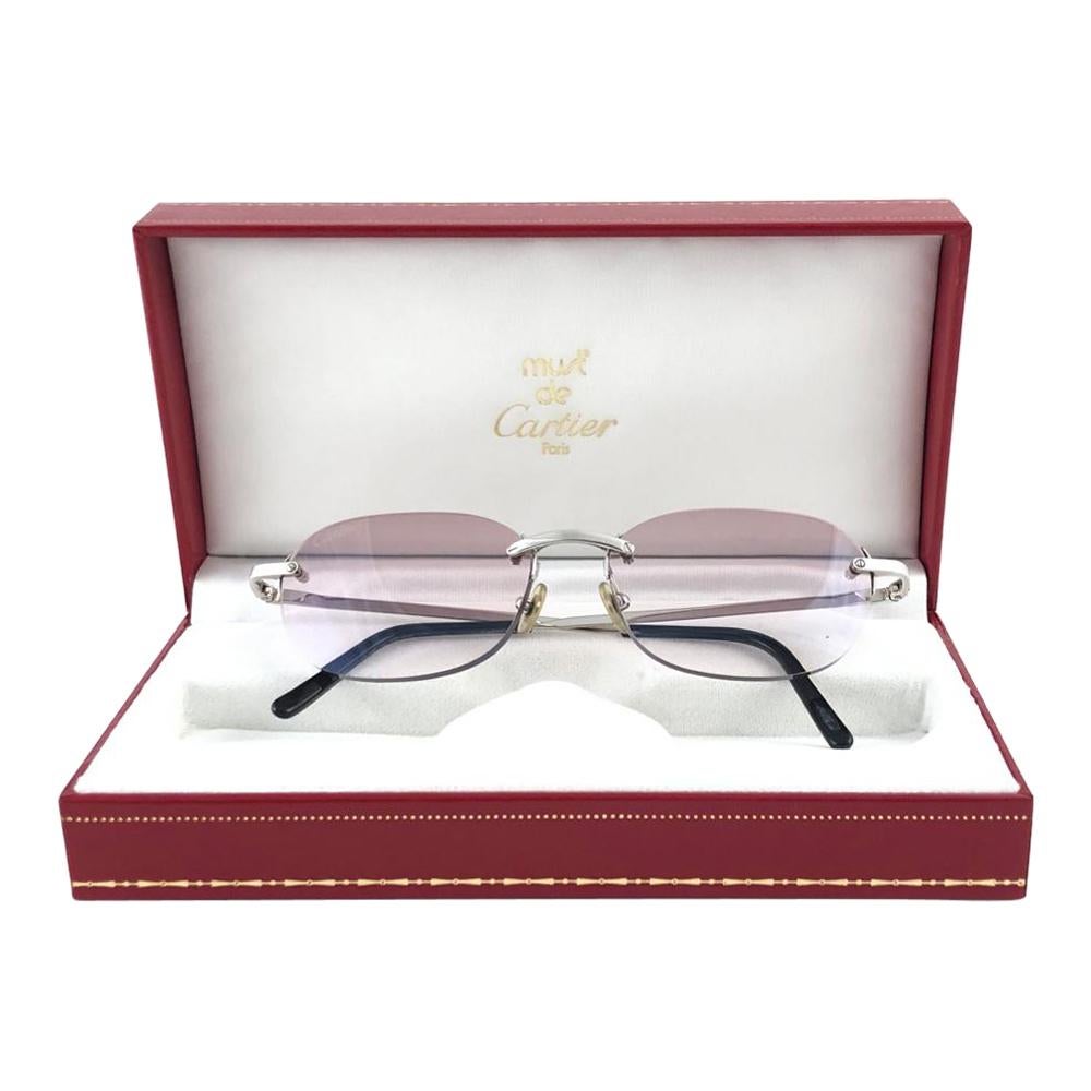 New Vintage Cartier Titanium Rimless Gradient Lens Case France Sunglasses