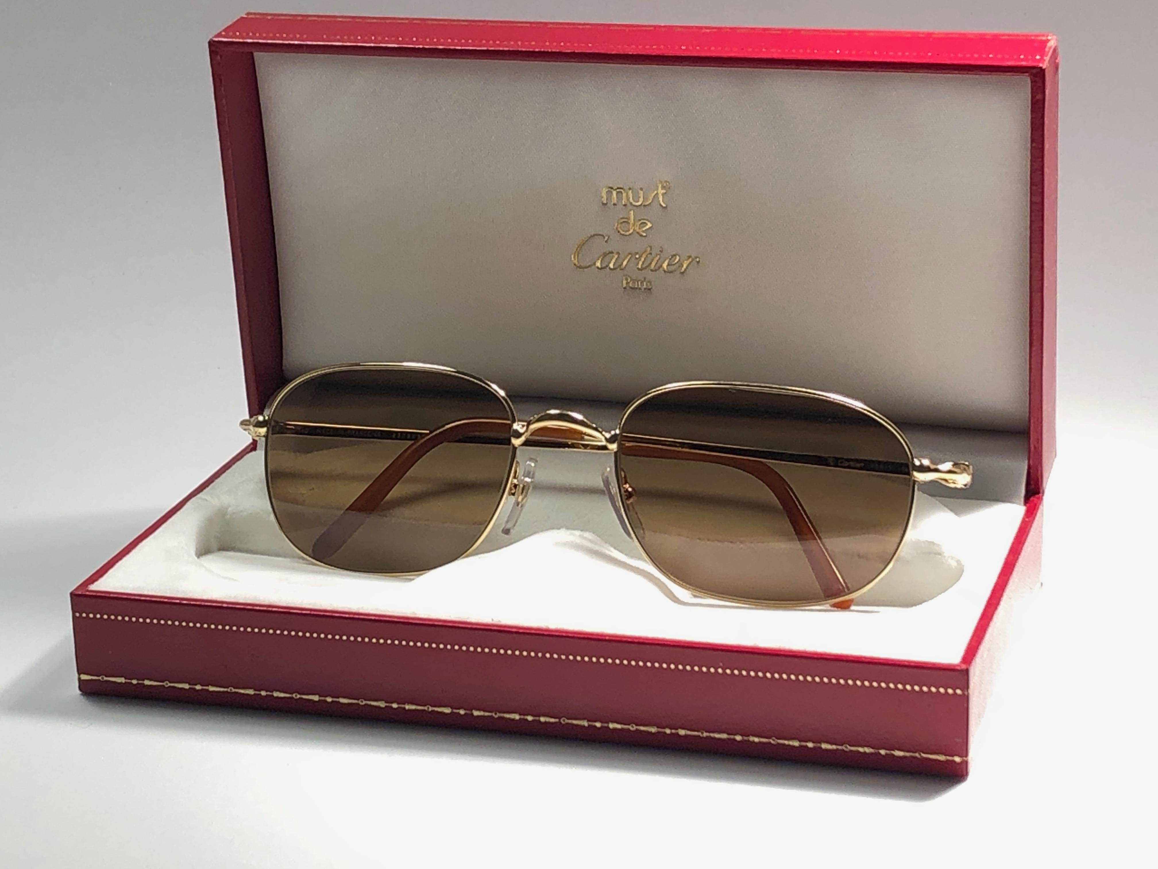 Brown New Vintage Cartier Vesta 56mm Gold Plated Frame France 1990 Sunglasses