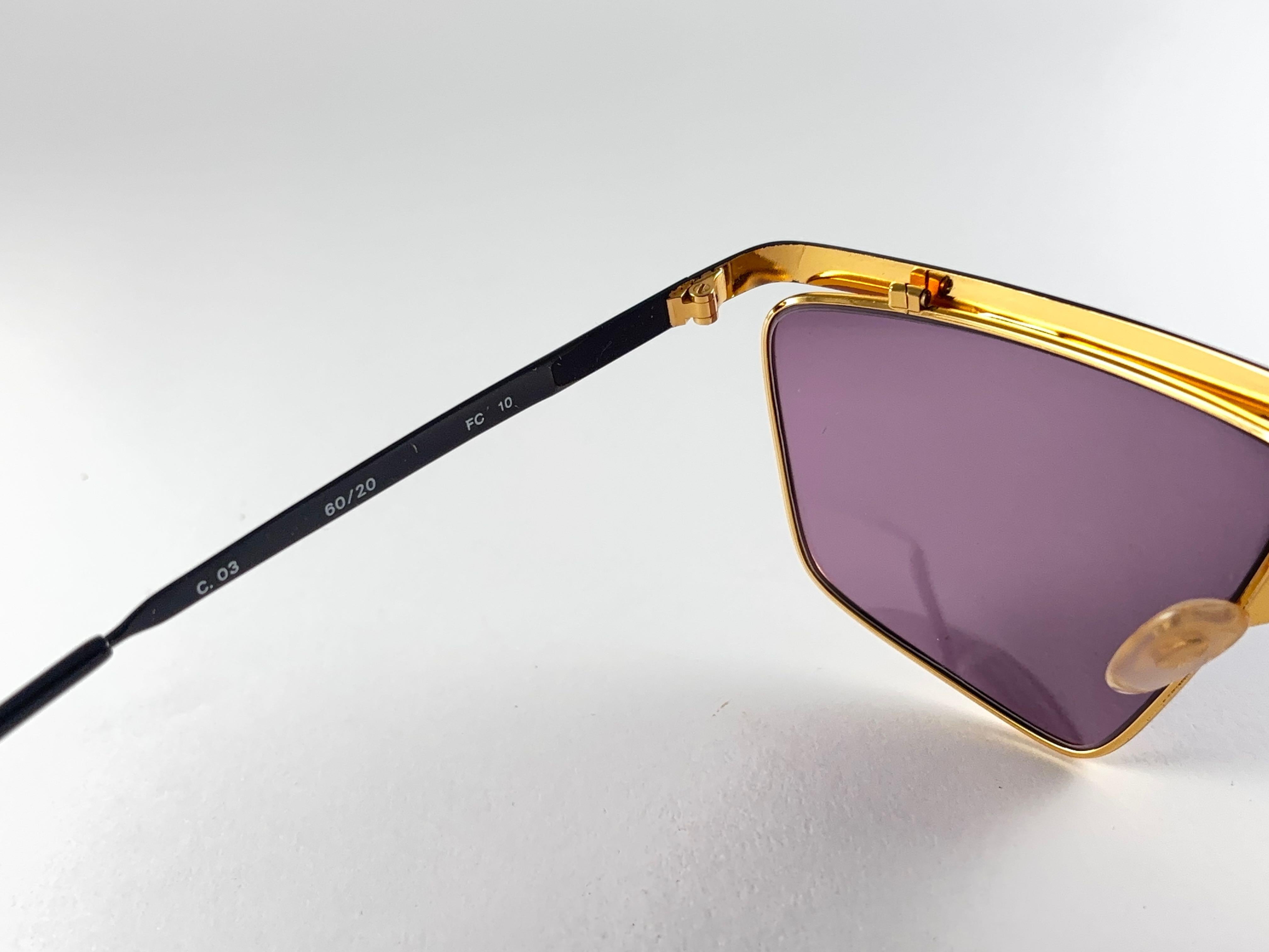 Brown New Vintage Casanova Gold Avantgarde Frame Purple Lens 1980 Sunglasses For Sale