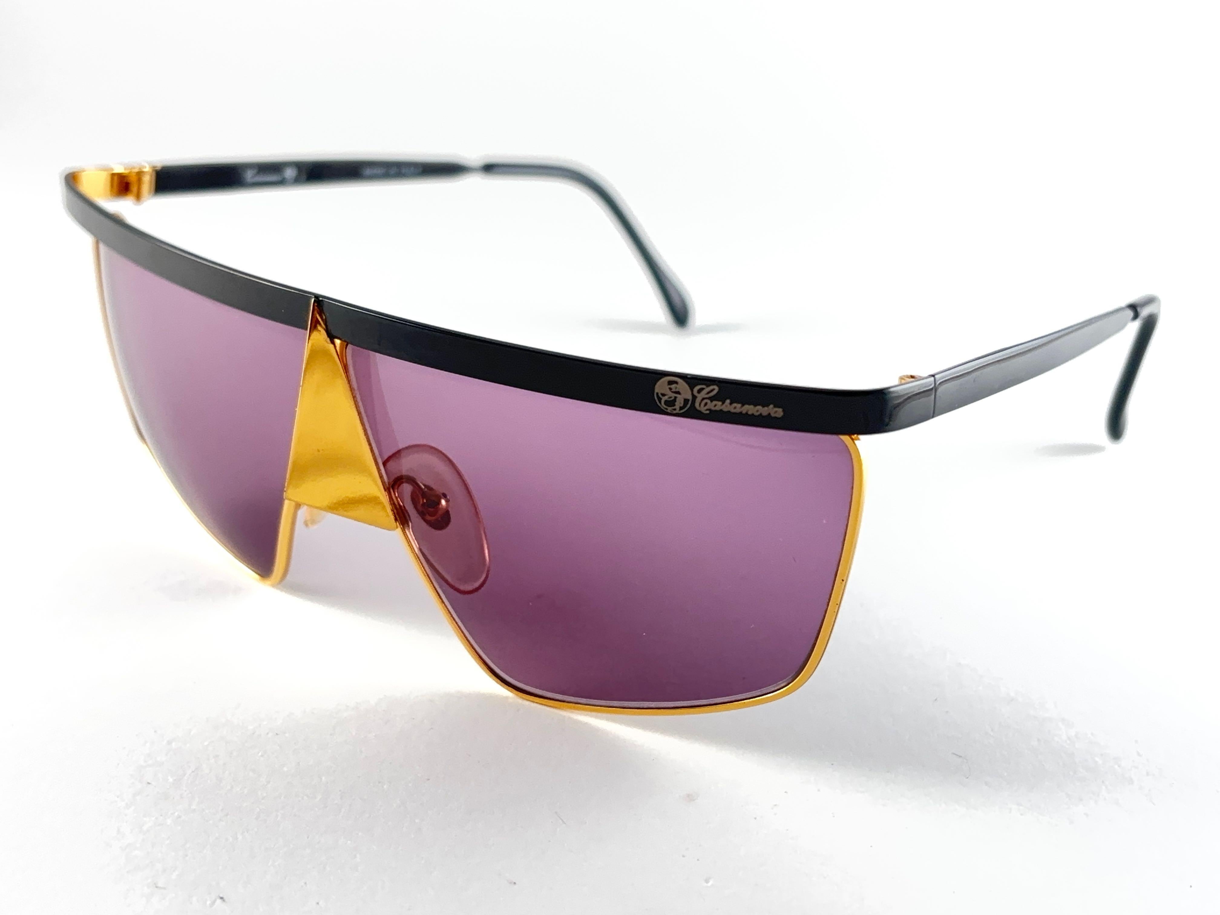 Women's New Vintage Casanova Gold Avantgarde Frame Purple Lens 1980 Sunglasses For Sale