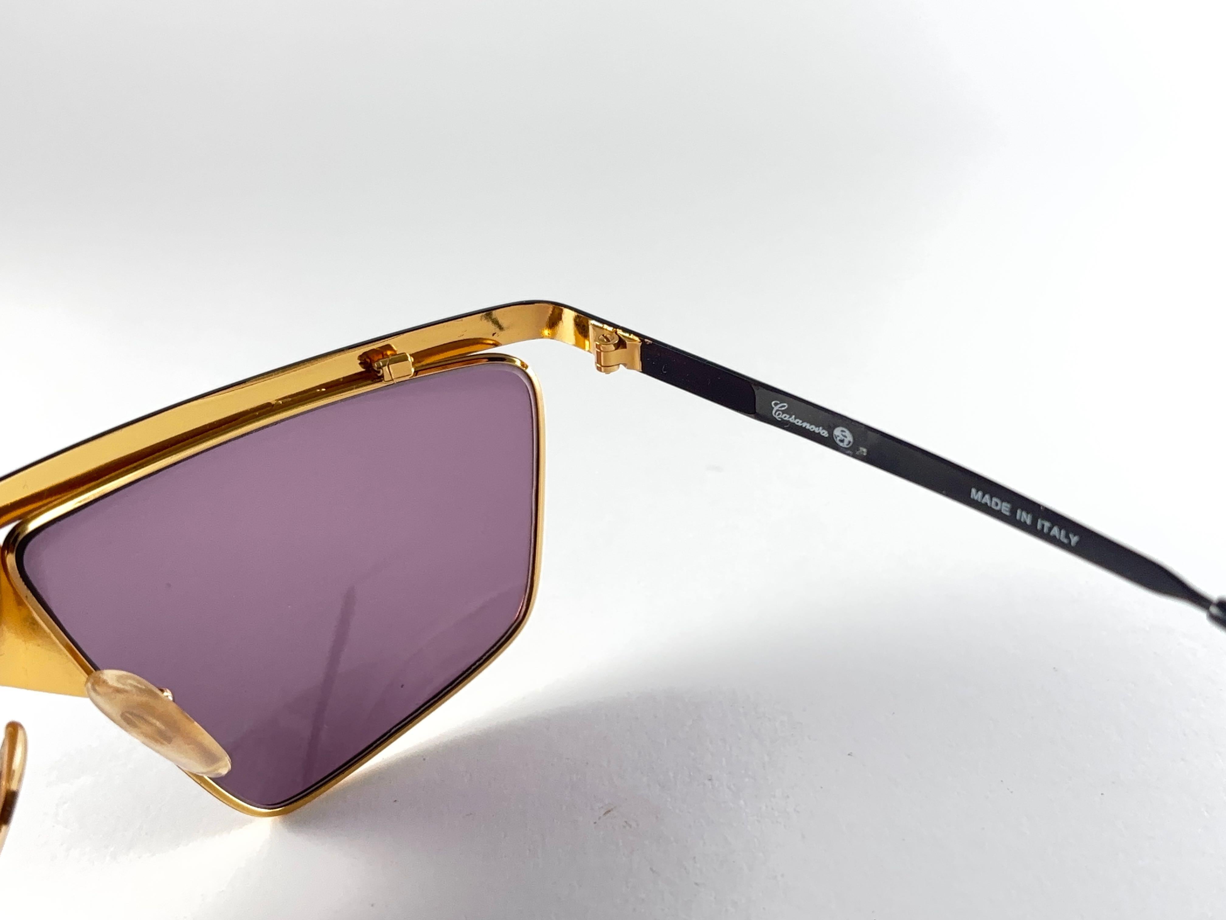 New Vintage Casanova Gold Avantgarde Frame Purple Lens 1980 Sunglasses For Sale 1