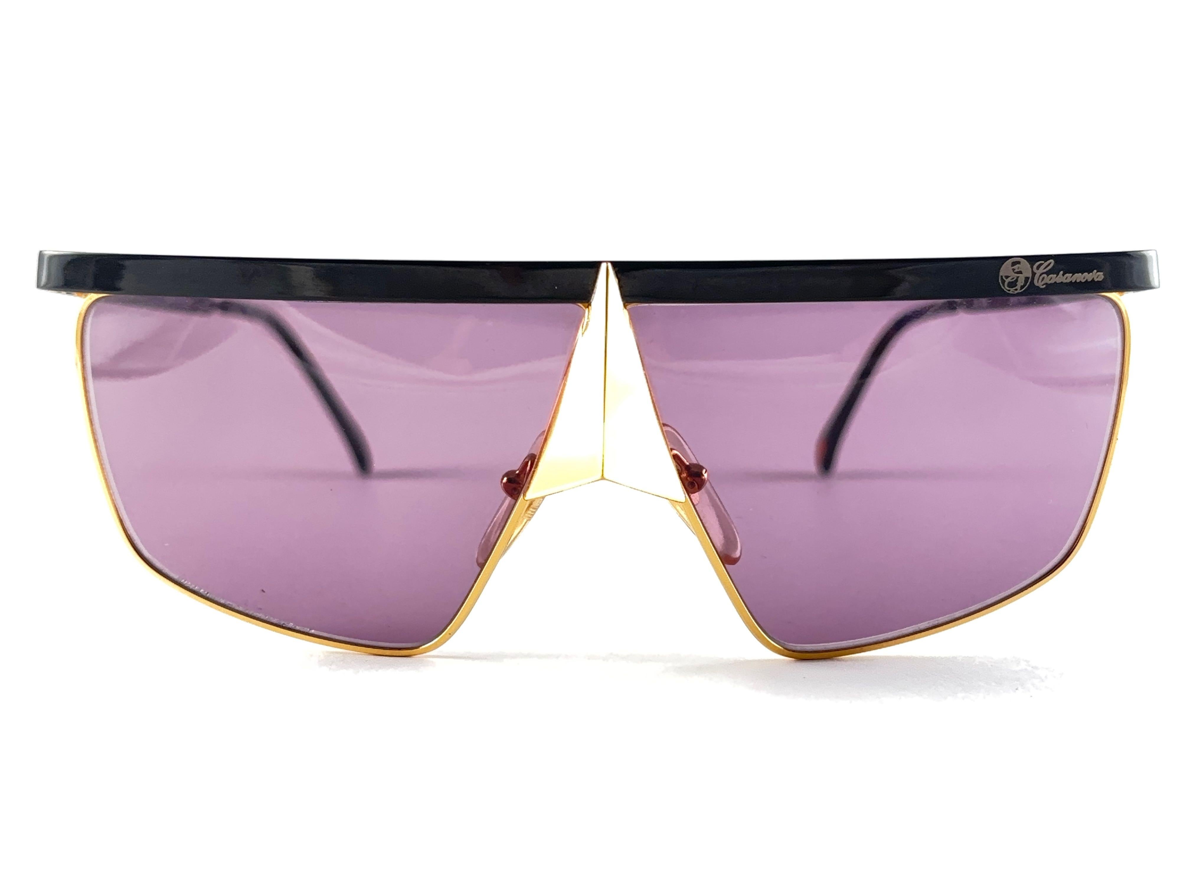 New Vintage Casanova Gold Avantgarde Frame Purple Lens 1980 Sunglasses For Sale 3
