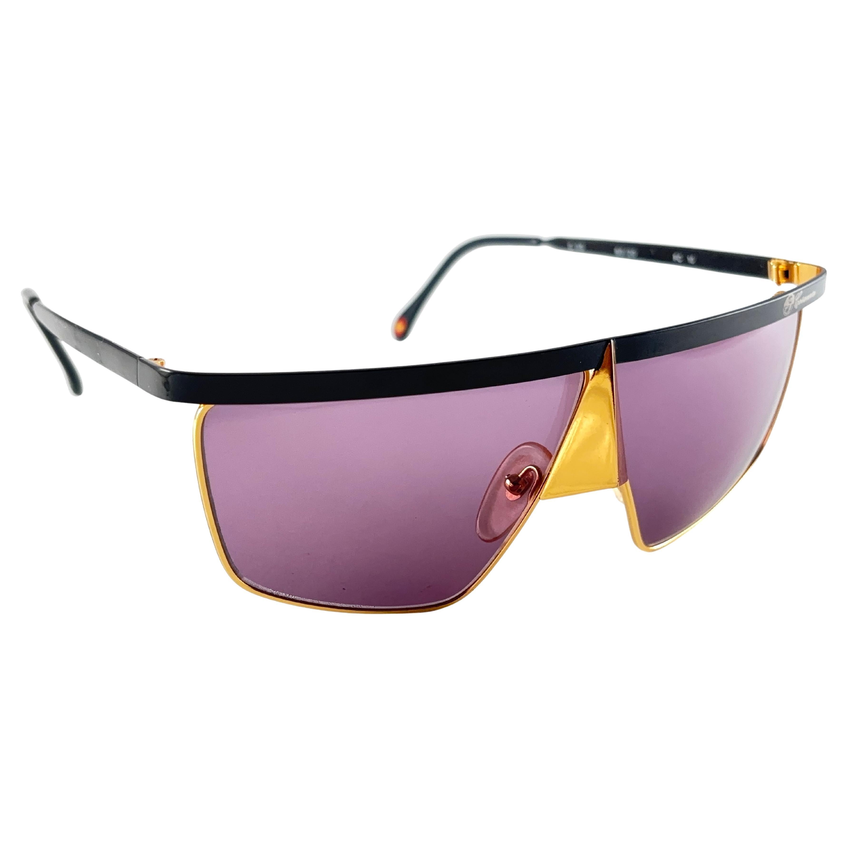 New Vintage Casanova Gold Avantgarde Frame Purple Lens 1980 Sunglasses For Sale