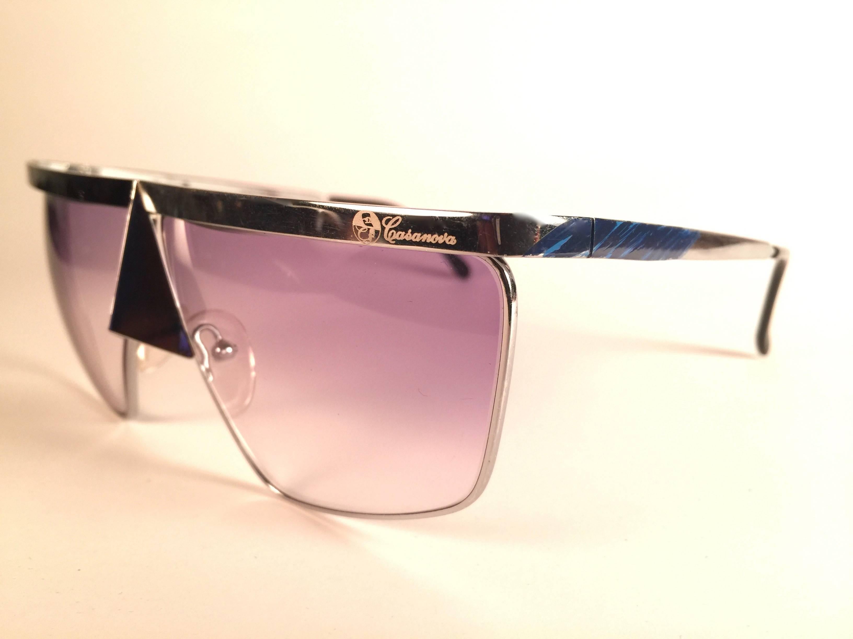 Beige New Vintage Casanova Silver Avantgarde Frame Purple Lens 1980 Sunglasses For Sale