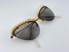 New Vintage Cat Eye Rimless Faux Pearls Grey Lenses Sunglasses