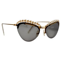 New Vintage Cat Eye Rimless Faux Pearls Grey Lenses Sunglasses