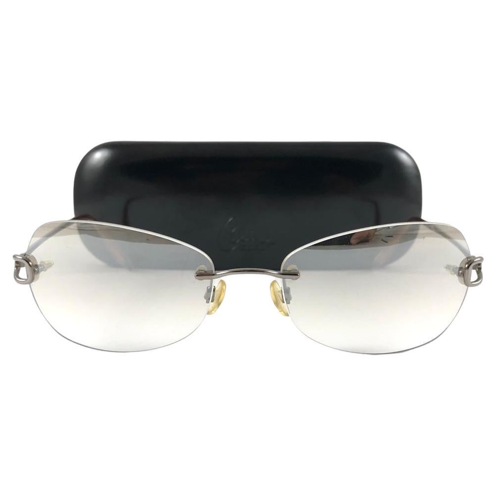 New Vintage Celine Dion Rimless Metallic Grey Frame Sunglasses Y2K For Sale