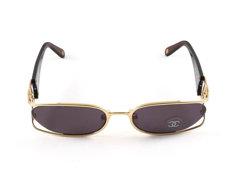 New Vintage Chanel 4023 Gold Rectangular Frame Sunglasses Made In Italy Y2K