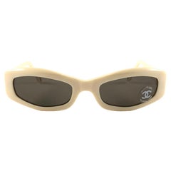 New Vintage Chanel 5014 Cream & Gold Accents Frame Sunglasses Made In Italy Y2K