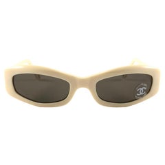 New Vintage Chanel 5014 Cream & Gold Accents Frame Sunglasses Made In Italy Y2K