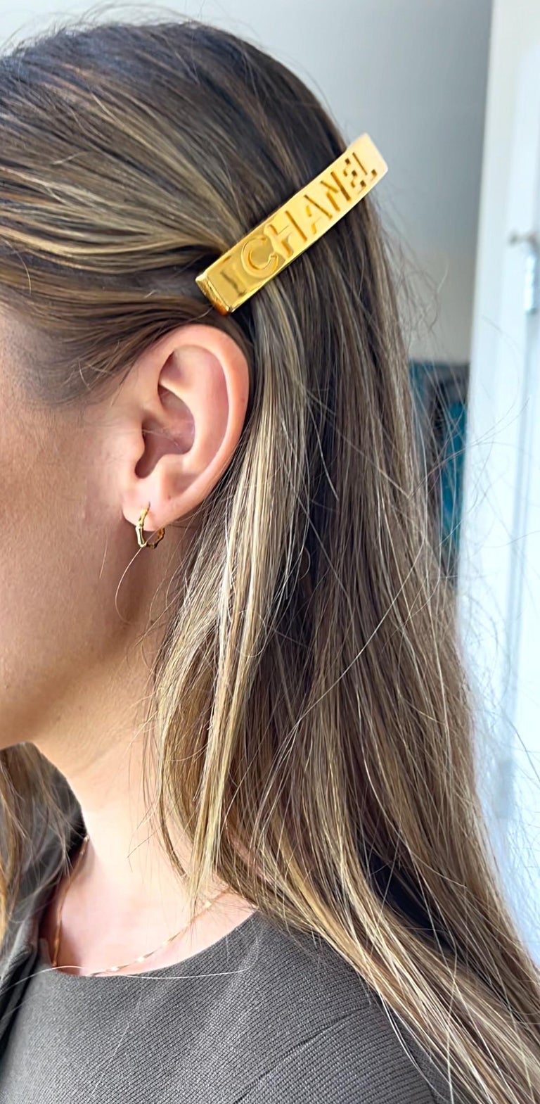 New Vintage Chanel 90s Gold Logo Barrette 1990s Hair Clip 