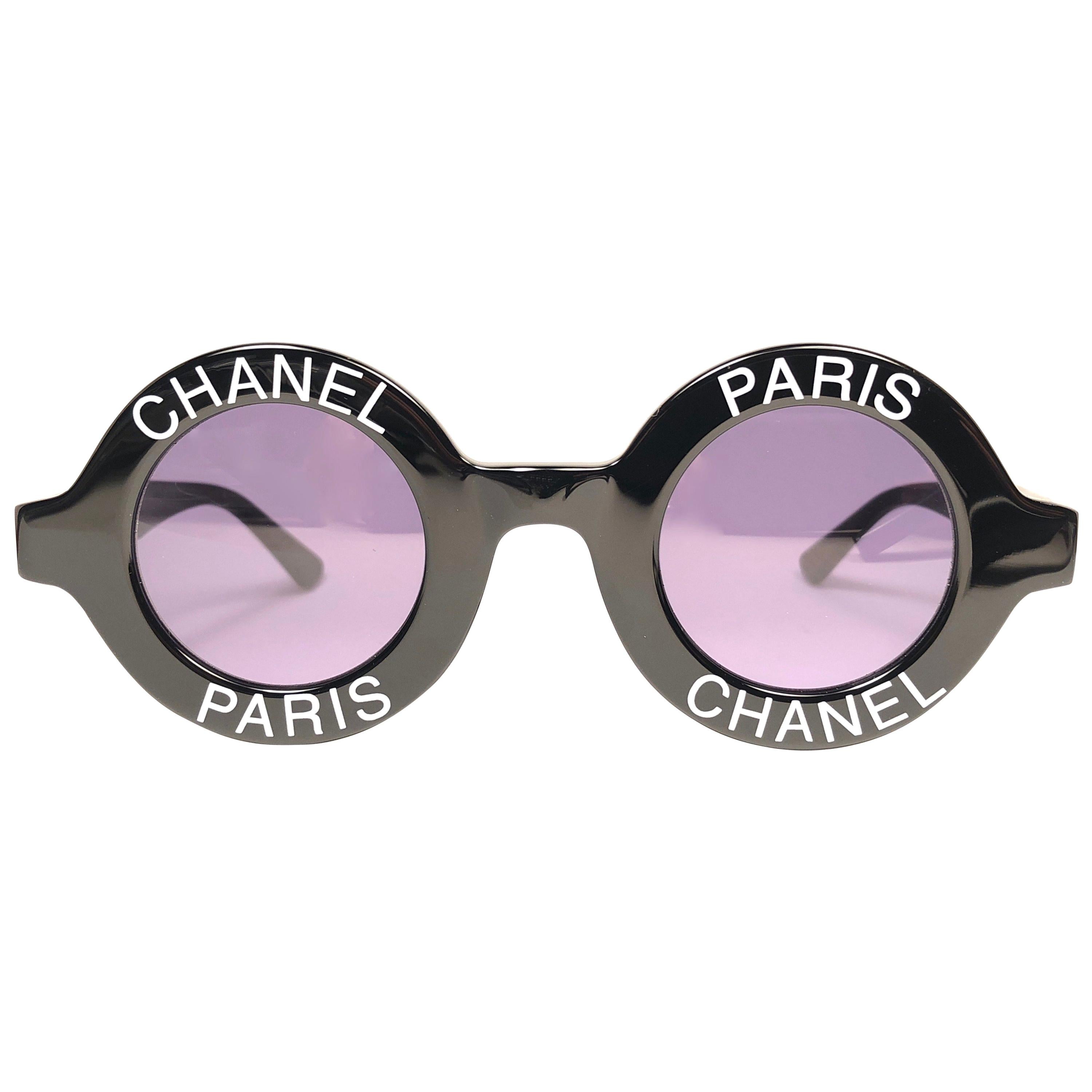 New Vintage Chanel Iconic Round  Chanel Paris  Black Sunglasses Made In  Italy at 1stDibs