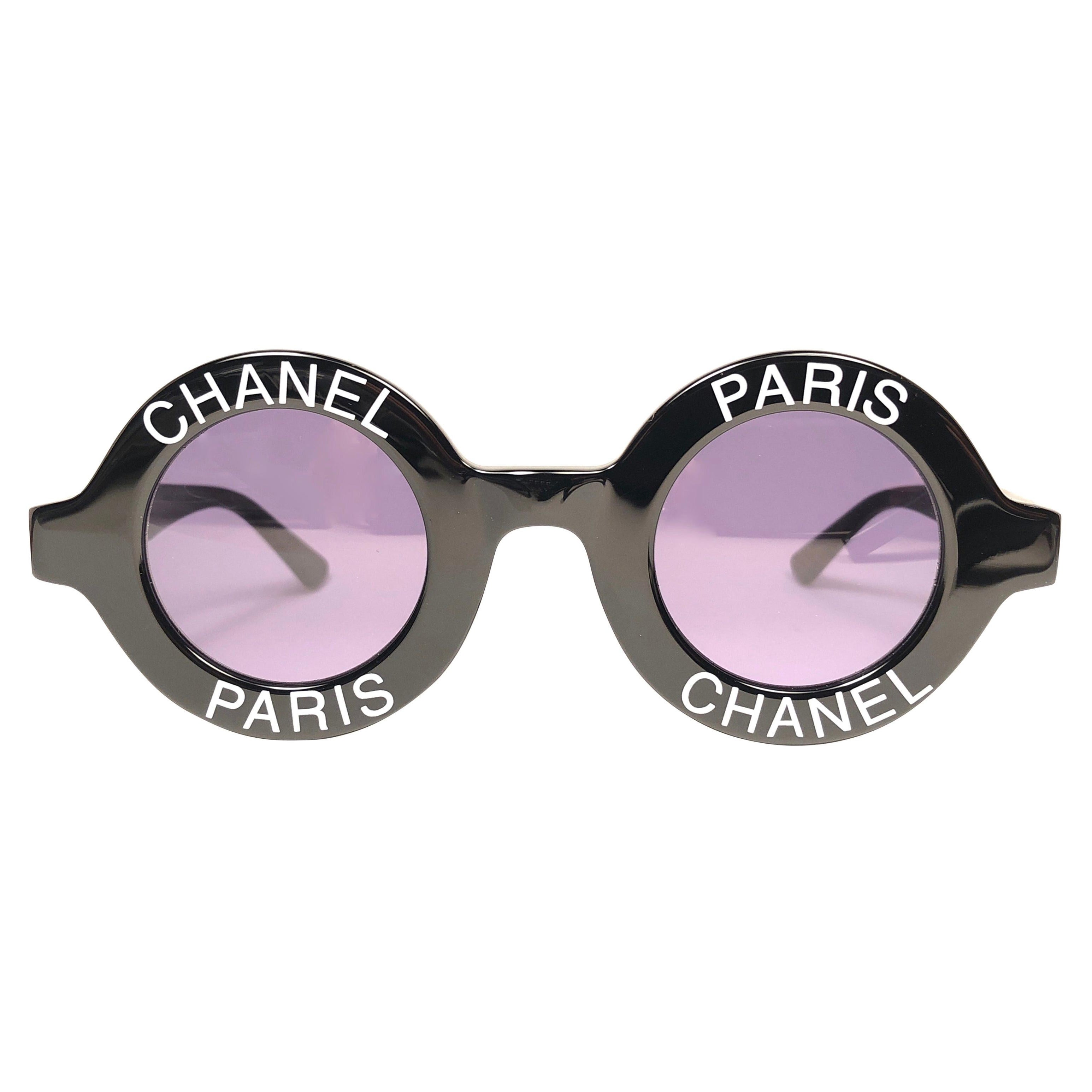 New Vintage Chanel Iconic Round " Chanel Paris " Black Sunglasses Made In Italy