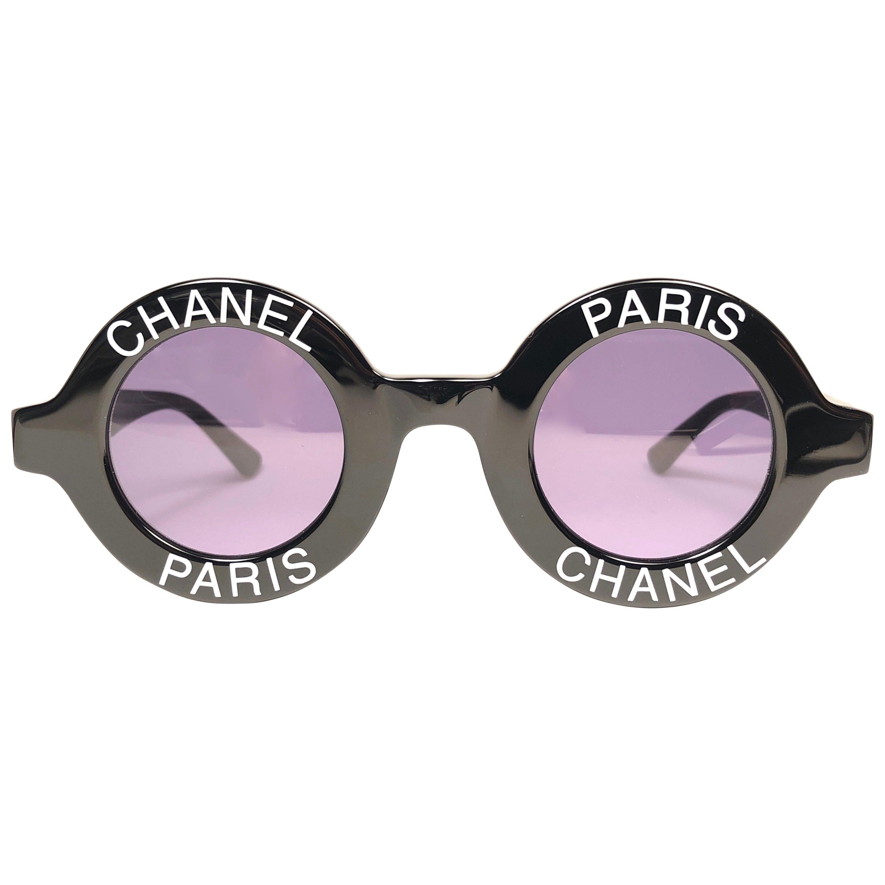 New Vintage Chanel Iconic Round " Chanel Paris " Black Sunglasses Made In Italy