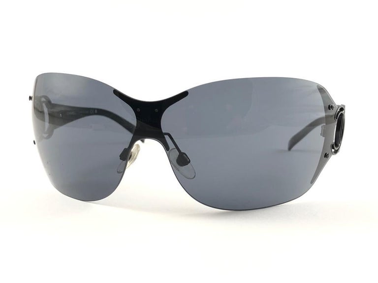 New Vintage Chanel Oversized Shield Rimless Black Sunglasses Made