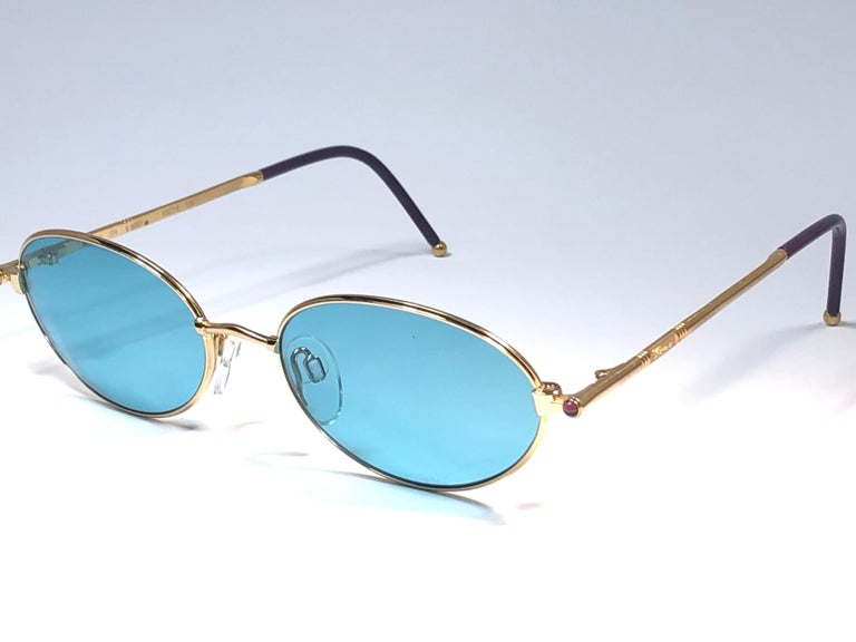 Blue New Vintage Chopard MC003 Oval 23k Plated Gold 1990 Sunglasses Made in Austria For Sale