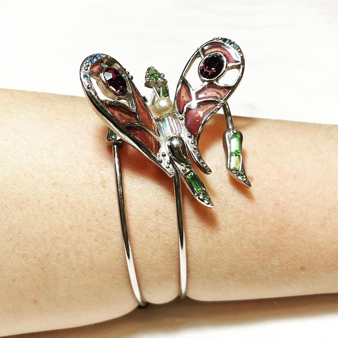 CHRISTIAN LACROIX Vintage new 80's Butterfly Stained Glass Silver Cuff Bracelet 1