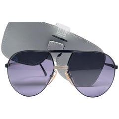 Neu Vintage Dunhill 6042 Schwarzer Sonnenbrille mit schwarzem Rahmen und Aviator-Grauen Linsen, 80er Jahre, Österreich