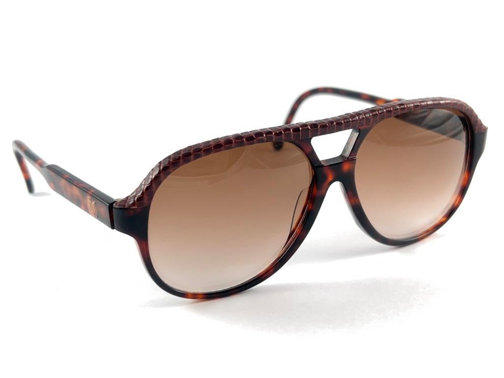 Black New Vintage Emmanuelle Khanh Lizard Leather Pilot 70'S France Sunglasses For Sale