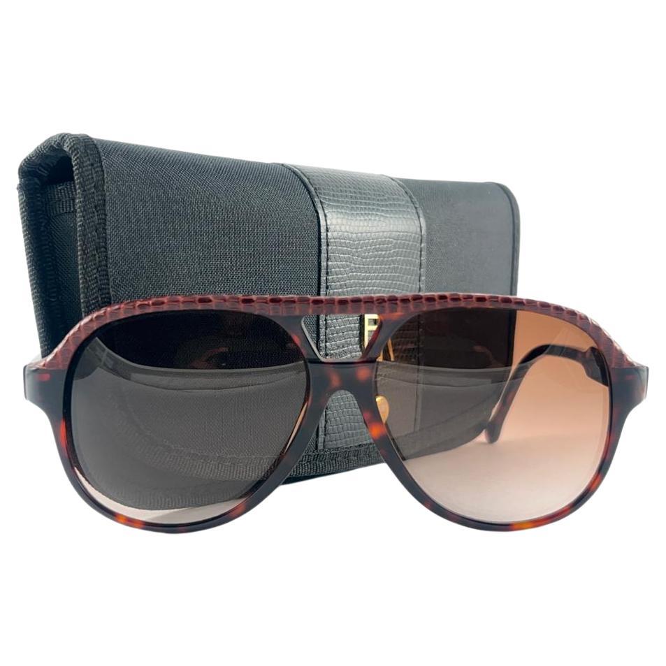New Vintage Emmanuelle Khanh Lizard Leather Pilot 70'S France Sunglasses For Sale