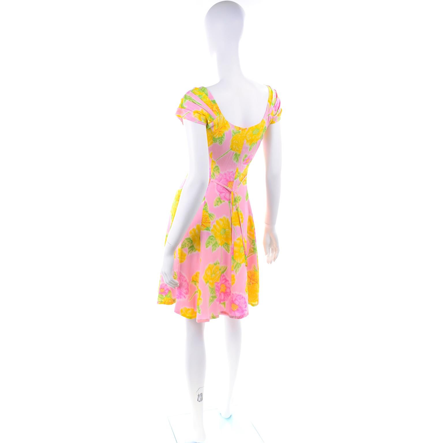 New Vintage Escada Margaretha Ley Pink & Yellow Floral Silk Dress With Tags In New Condition In Portland, OR