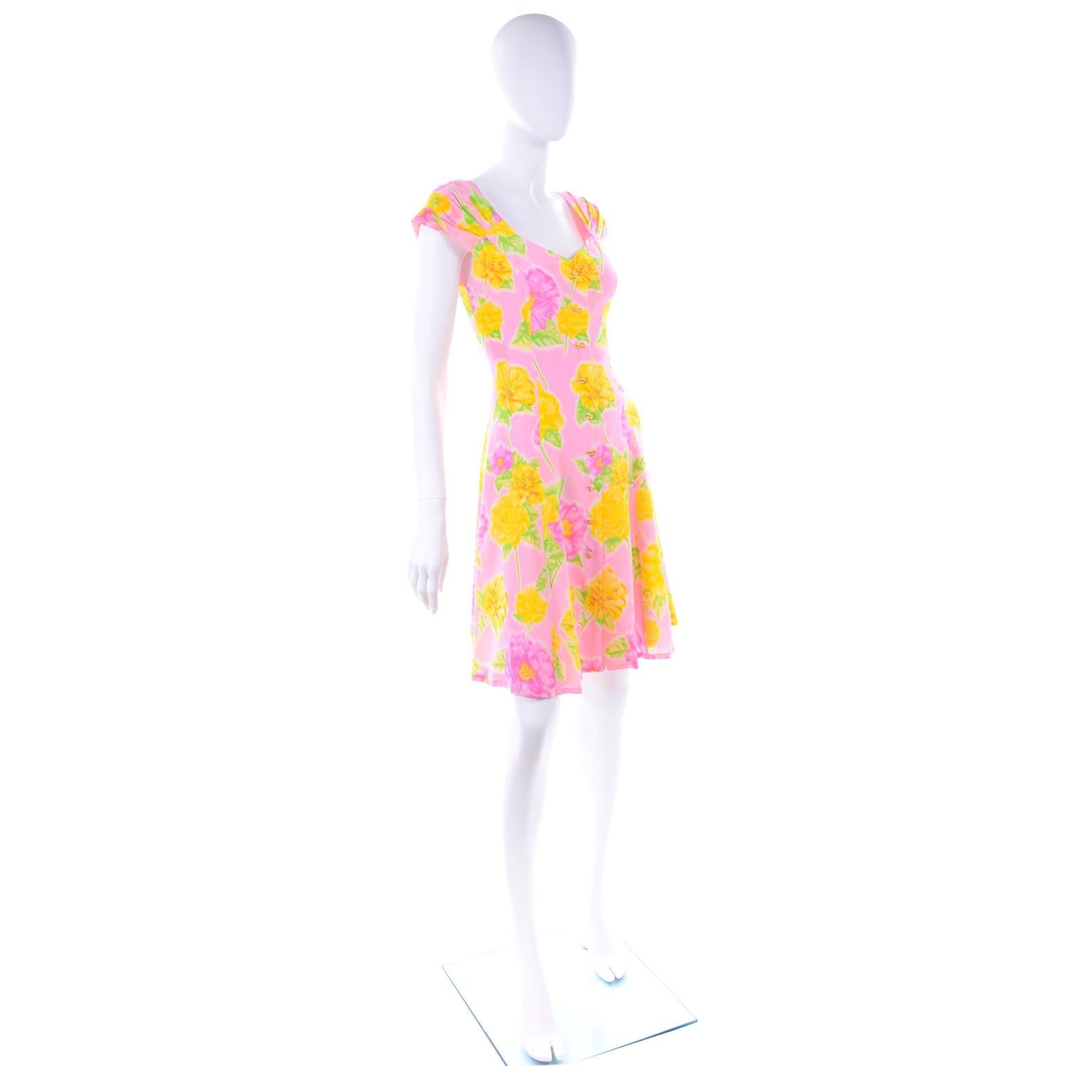 New Vintage Escada Margaretha Ley Pink & Yellow Floral Silk Dress With Tags 1