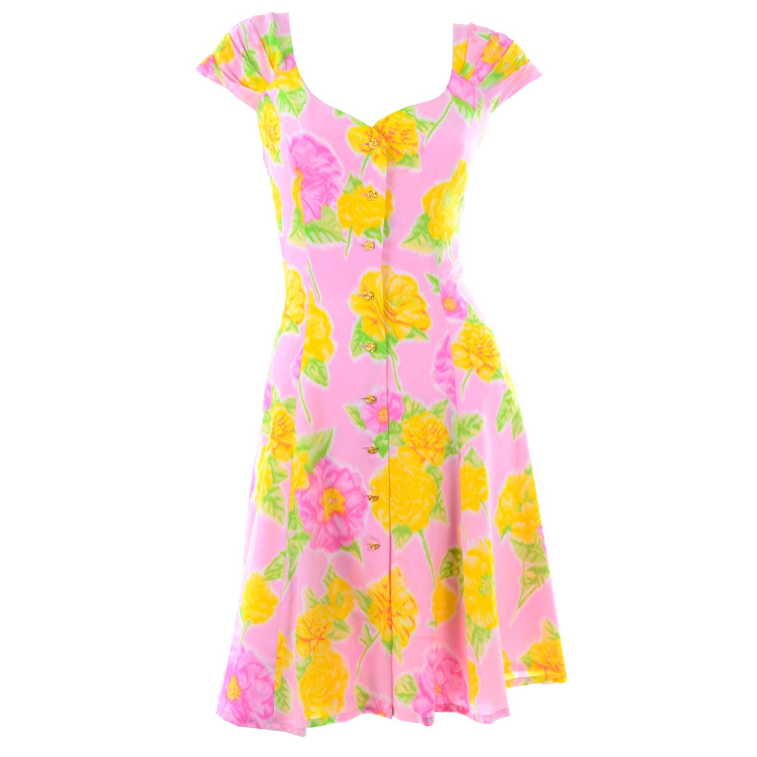 New Vintage Escada Margaretha Ley Pink & Yellow Floral Silk Dress With Tags