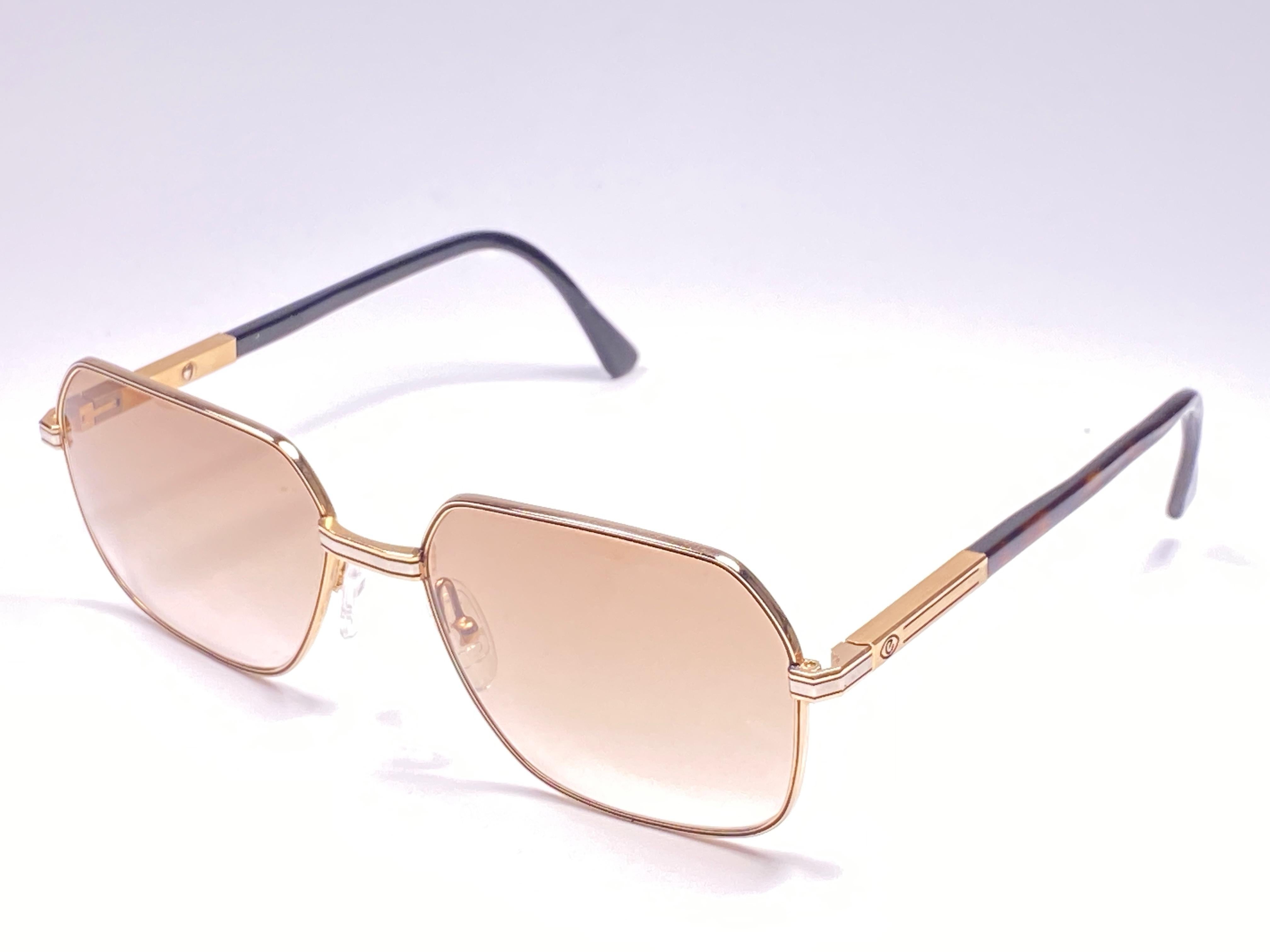 Neu Vintage Essilor Gold & Silber Sonnenbrille. 

Stabiler und cooler Rahmen mit einem Paar hellbrauner Gläser.  

Nie getragen oder ausgestellt. 
Dieser Artikel kann aufgrund der fast 40-jährigen Lagerung leichte Gebrauchsspuren aufweisen. 