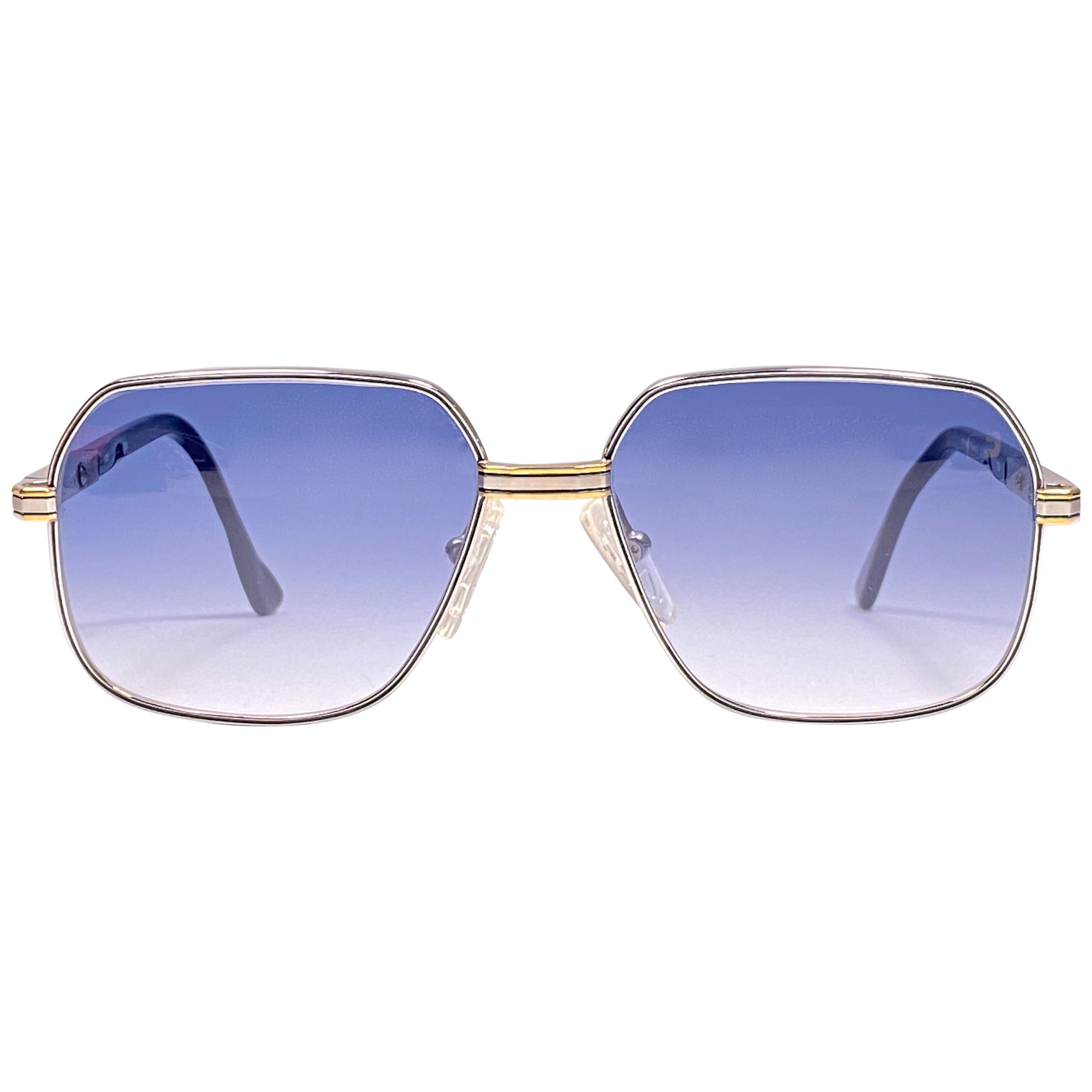 New Vintage Essilor Silver & Gold Blue Lenses France 1970's Sunglasses  