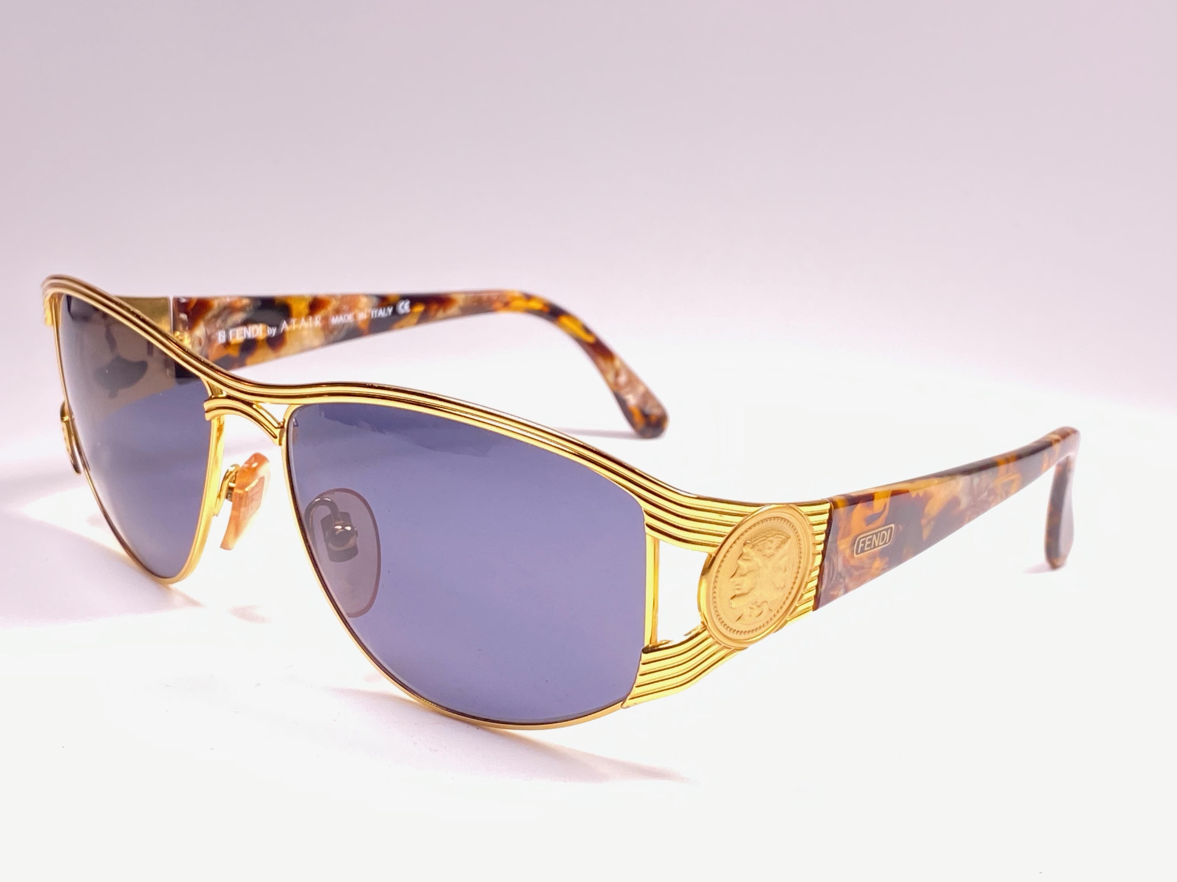 Women's or Men's New Vintage Fendi FS232 Tortoise & Gold Large 1990 Sunglasses Made in Italy