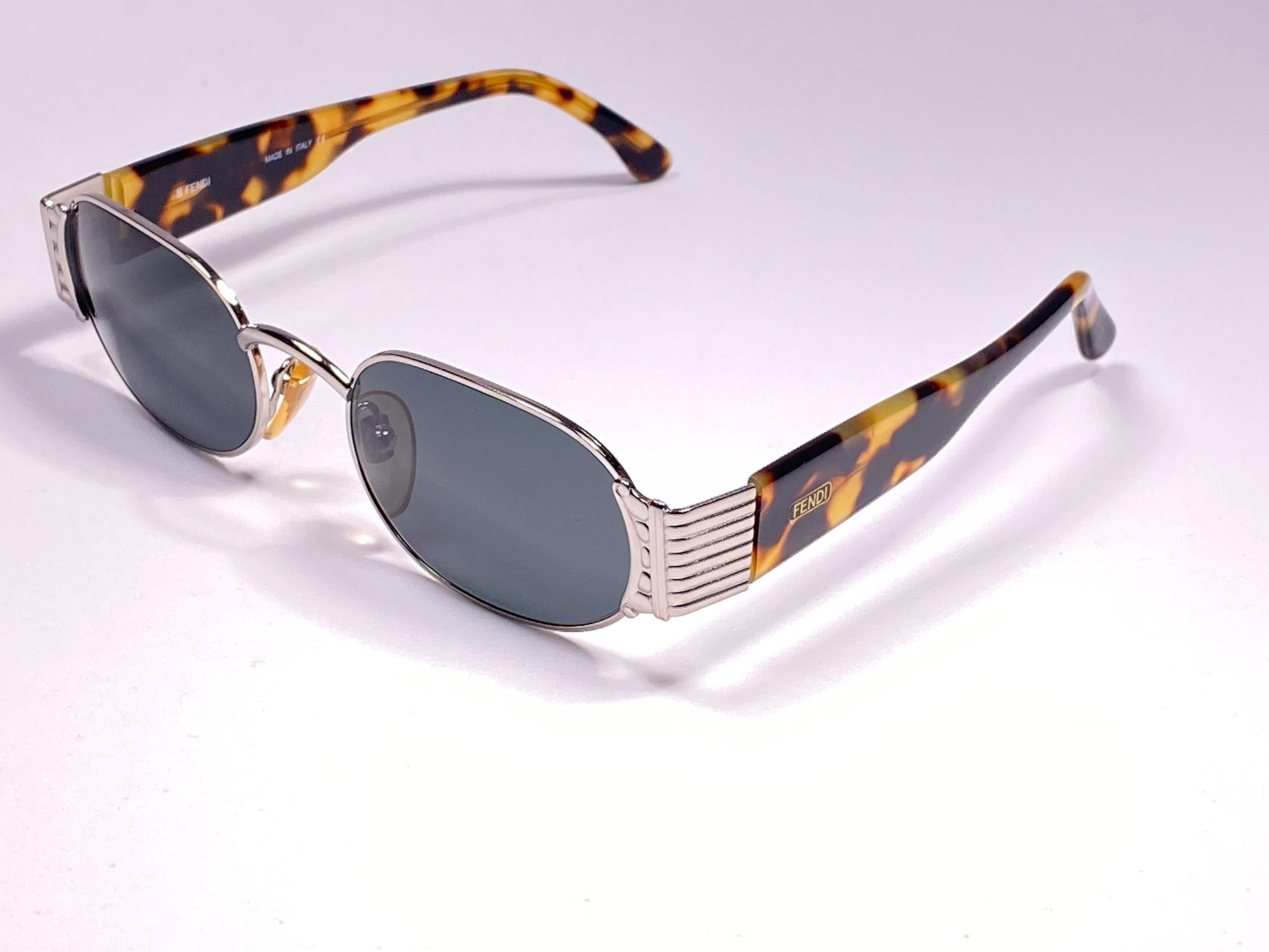 Women's or Men's New Vintage Fendi FS253 Tortoise & Silver Large 1990 Sunglasses Made in Italy